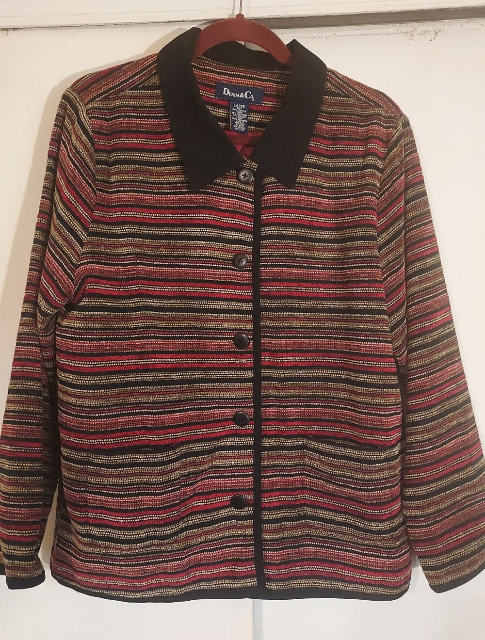 Denim & Co. Striped Multicolor Button-Front Jacket with Black Trim Size Large